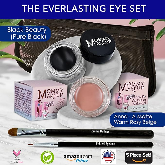 The Everlasting Eye 5 Piece Waterproof Makeup Set. Gel Eyeliner, Creme Eyeshadow, 2 brushes and Mesh Bag. Paraben-free, Talc-free, Cruelty-free. Anna/Black Beauty 1201-Velvo Beauty