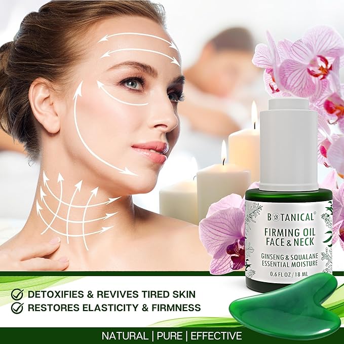 Botanical Face & Neck Firming Oil | Anti-Wrinkle Ginseng & Squalane Serum w/Gua Sha Lift Scraper | Organic, Pure, Natural Skincare (0.6 fl oz | 18 ml)-Velvo Beauty