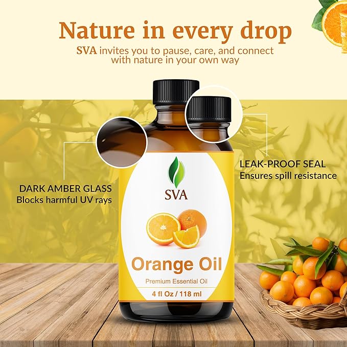 SVA Orange Essential Oil – 4 Fl Oz – 100% Natural Orange Oil - for Diffuser, Hair Care, Face, Skin Care, Aromatherapy, Scalp and Body Massage, Soap and Candle Making - with Dropper-Velvo Beauty