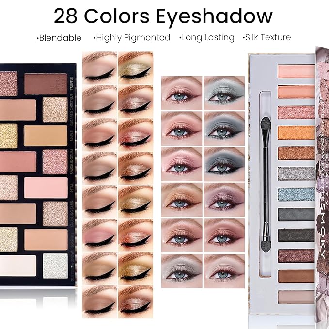 Makeup Present Set for Teen Girl Women, Travel Makeup Kit, Makeup Full Kit for Beginner, Makeup Bundle Include 2 Matte & Shimmer Eyeshadow Palettes, Liquid Glitter Eyeshadow & Eyeliner-Velvo Beauty