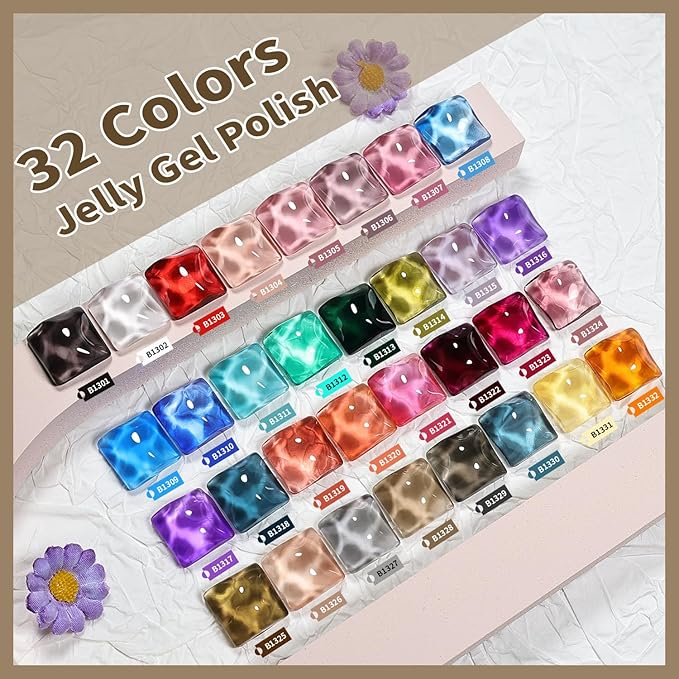 JODSONE Jelly Gel Nail Polish Kit 32 Classic Colors Crystal Transparent High Shine Base & Top Matte Glitter Coat-Velvo Beauty