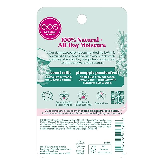 eos 100% Natural Lip Balm- Coconut Milk and Pineapple Passionfruit, All-Day Moisture Lip Care, 0.14 oz, 2 Pack-Velvo Beauty