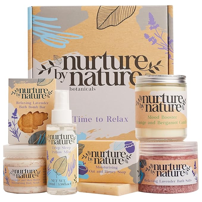 Nurture by Nature RELAX & CALM Spa Kit - Mothers Day Gifts - Spa Gift Baskets For Women, Complete Bath Sets for Women Gift - Lavender Pillow Mist, Bath Salts, Bath Bomb - Self Care Gift Basket-Velvo Beauty