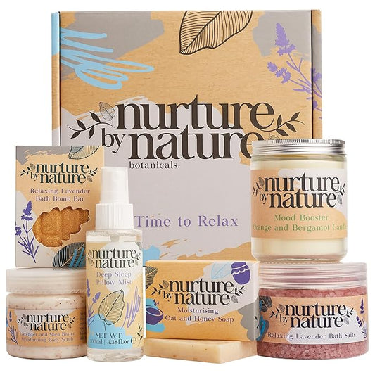 Nurture by Nature RELAX & CALM Spa Kit - Mothers Day Gifts - Spa Gift Baskets For Women, Complete Bath Sets for Women Gift - Lavender Pillow Mist, Bath Salts, Bath Bomb - Self Care Gift Basket-Velvo Beauty