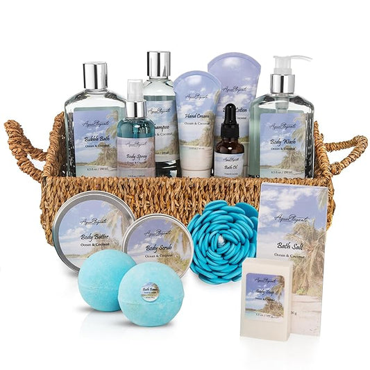 Bath Spa Gift Sets - Luxury Basket With Ocean & Coconut - Spa Kit Includes Wash, Bubble Bath, Lotion, Bath Salts, Body Scrub, Body Spray, Shower Puff, Bathbombs, Soap in Wooden Basket-Velvo Beauty