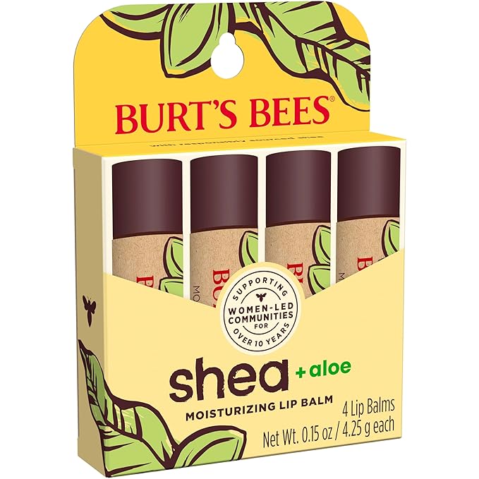 Burt's Bees Lip Balm Mothers Day Gifts for Mom - Shea and Aloe Lip Moisturizer With Responsibly Sourced Beeswax, Tint-Free, Natural Origin Conditioning Lip Treatment, 4 Tubes, 0.15 oz.-Velvo Beauty