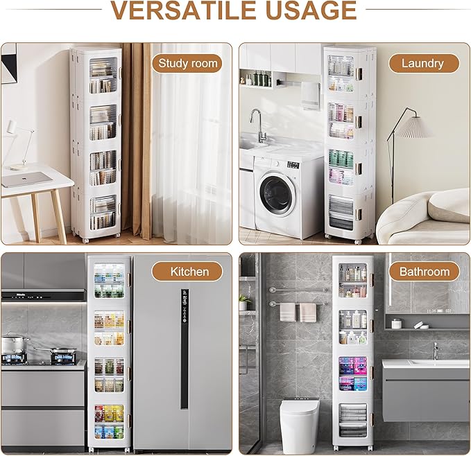 VECELO 4-Tier Plastic Tall Narrow Storage Cabinet with Movable Wheels, Adjustable Shelves, Magnetic Doors, Slim Bathroom Organizers and Storage for Small Space, Bathroom, Kitchen, Laundry, White-Velvo Beauty