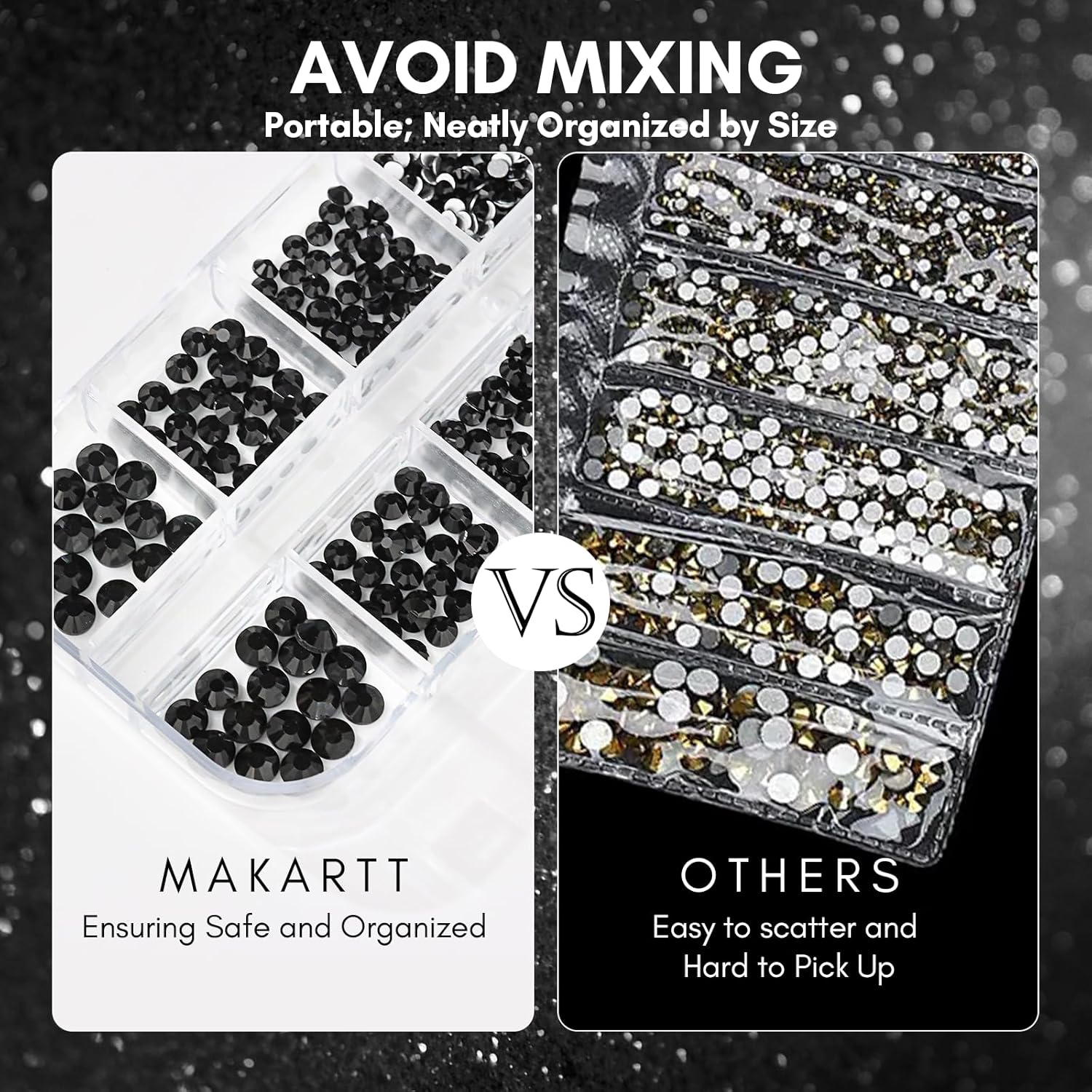 Makartt, 1110 Pcs Rhinestones Set, Black, Round, Multi-Size, Glass or Crystal, for DIY Crafts, Nail Art Supplies Accessories, Christmas Gift-Velvo Beauty