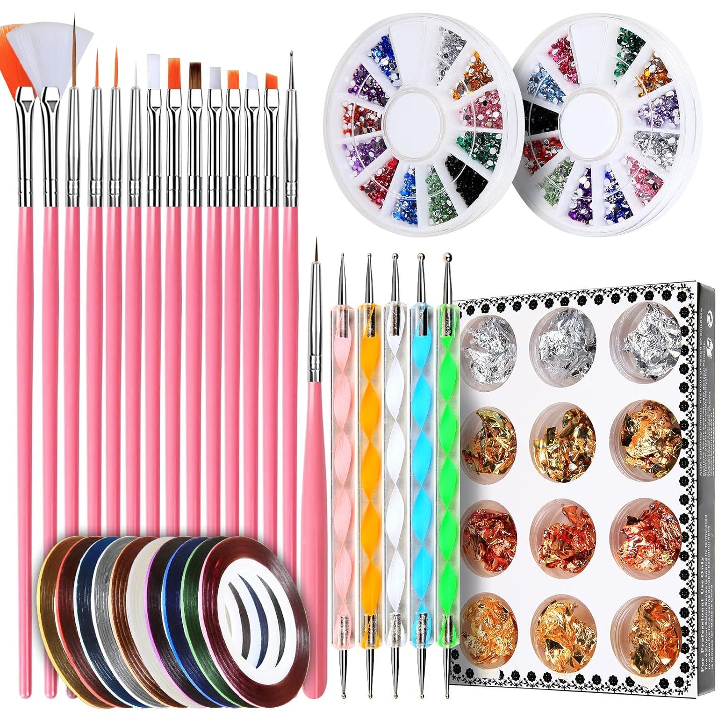 Teenitor Nail Pen Designer, Stamp Nail Art Tool with 15pcs Nail Painting Brushes, Nail Dotting Tool, Nail Foil, Manicure Tape, Color Rhinestones for Nails Pink-Velvo Beauty