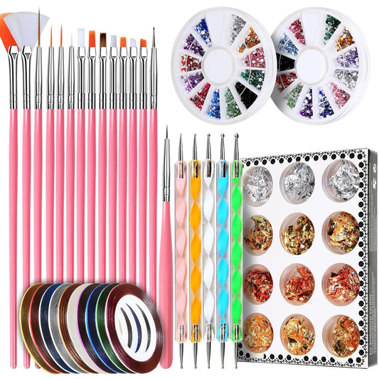 Teenitor Nail Pen Designer, Stamp Nail Art Tool with 15pcs Nail Painting Brushes, Nail Dotting Tool, Nail Foil, Manicure Tape, Color Rhinestones for Nails Pink-Velvo Beauty