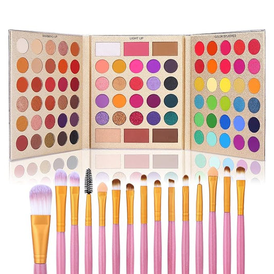 UCANBE Professional 86 Colors Eyeshadow Palette with 15pcs Makeup Brushes Set Matte Glitter Long Lasting Highly Pigmented Waterproof Contour Blush Powder Highlighter All in One-Velvo Beauty