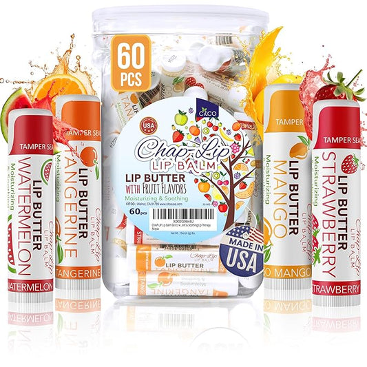 CHAP-LIP Original Lip Balm Hydrating Bulk Chap Stick with Fruit Flavors, Coconut Oil, and Cocoa Butter - Lip Therapy Pack for Men and Women - Gift Set Made in the USA, 60 Pack-Velvo Beauty