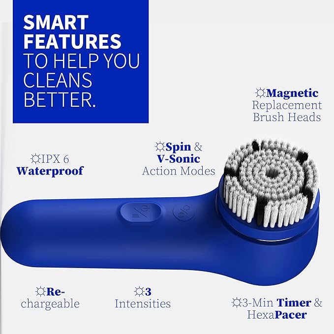 Premium Face Scrubber, Deep Pore Cleansing Brush, Waterproof & Rechargeable Face Scrub Brush for Men& Women, Electric Facial Exfoliator with 3 Brushes, 3 Intensities, 2 Modes with Eye Rollor - Azure-Velvo Beauty