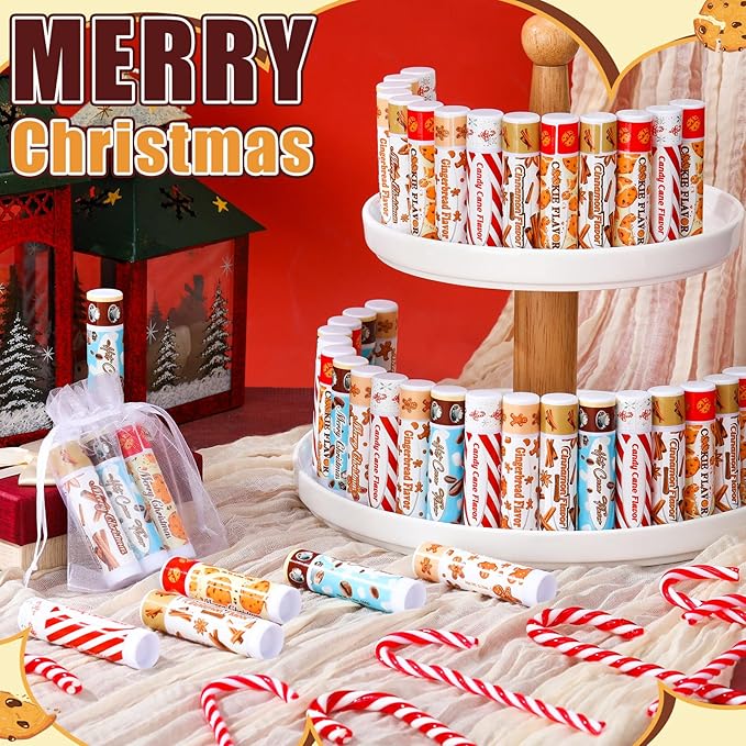 50 Pcs Christmas Lip Balms Gifts Bulk Cane Hot Cocoa Cookie Cinnamon Gingerbread 5 Assorted Flavor Holiday Party Treat Goodie Bags Stuffers Small Gifts for Friends Neighbors Colleagues-Velvo Beauty