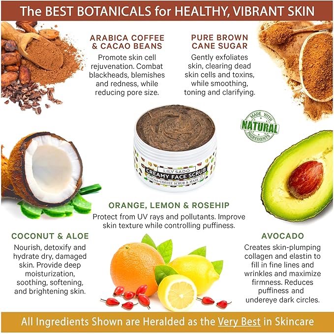 LILY SADO LILY SADO Cocoa & Coffee Creamy Face Scrub - Best Exfoliating VEGAN Facial Cleanser for Women & Men - Natural Face Wash Exfoliates & Energizes Skin, Treats Acne & Reduces Pore Size - 4 oz-Velvo Beauty