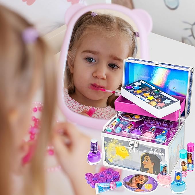 Disney Wish - Townley Girl Train Case Cosmetic Makeup Set Includes Lip Gloss, Eye Shimmer, Brush, Nail Polish, Accessories & more! for Girls, Ages 3+ perfect for Parties, Sleepovers & Makeovers-Velvo Beauty