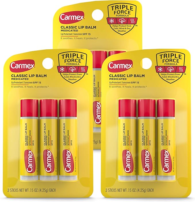 Carmex Classic Medicated Lip Balm Sticks, Lip Moisturizer for Chapped Lips, 9 Count (3 Packs of 3)-Velvo Beauty