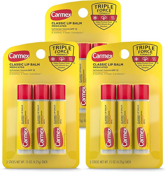 Carmex Classic Medicated Lip Balm Sticks, Lip Moisturizer for Chapped Lips, 9 Count (3 Packs of 3)-Velvo Beauty