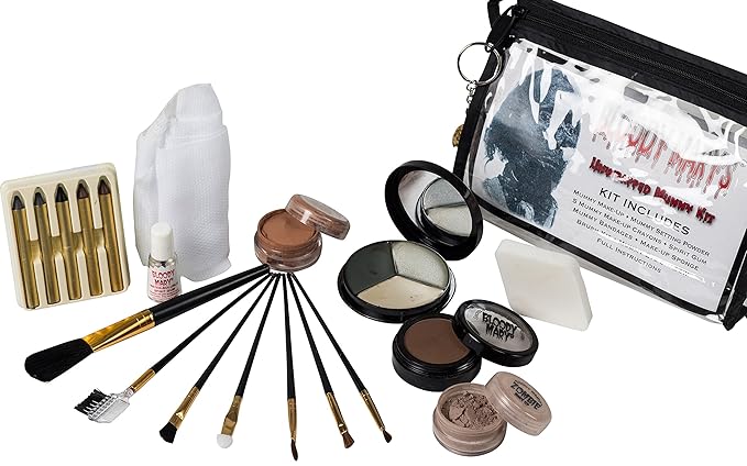 Unwrapped Mummy Makeup Kit By Bloody Mary - Special Effects Set Ideal For Halloween Costumes - Face Powder, Crayons, Eye Shadow, 4 Brushes, Spirit Gum, Bandages & Sponge Included-Velvo Beauty