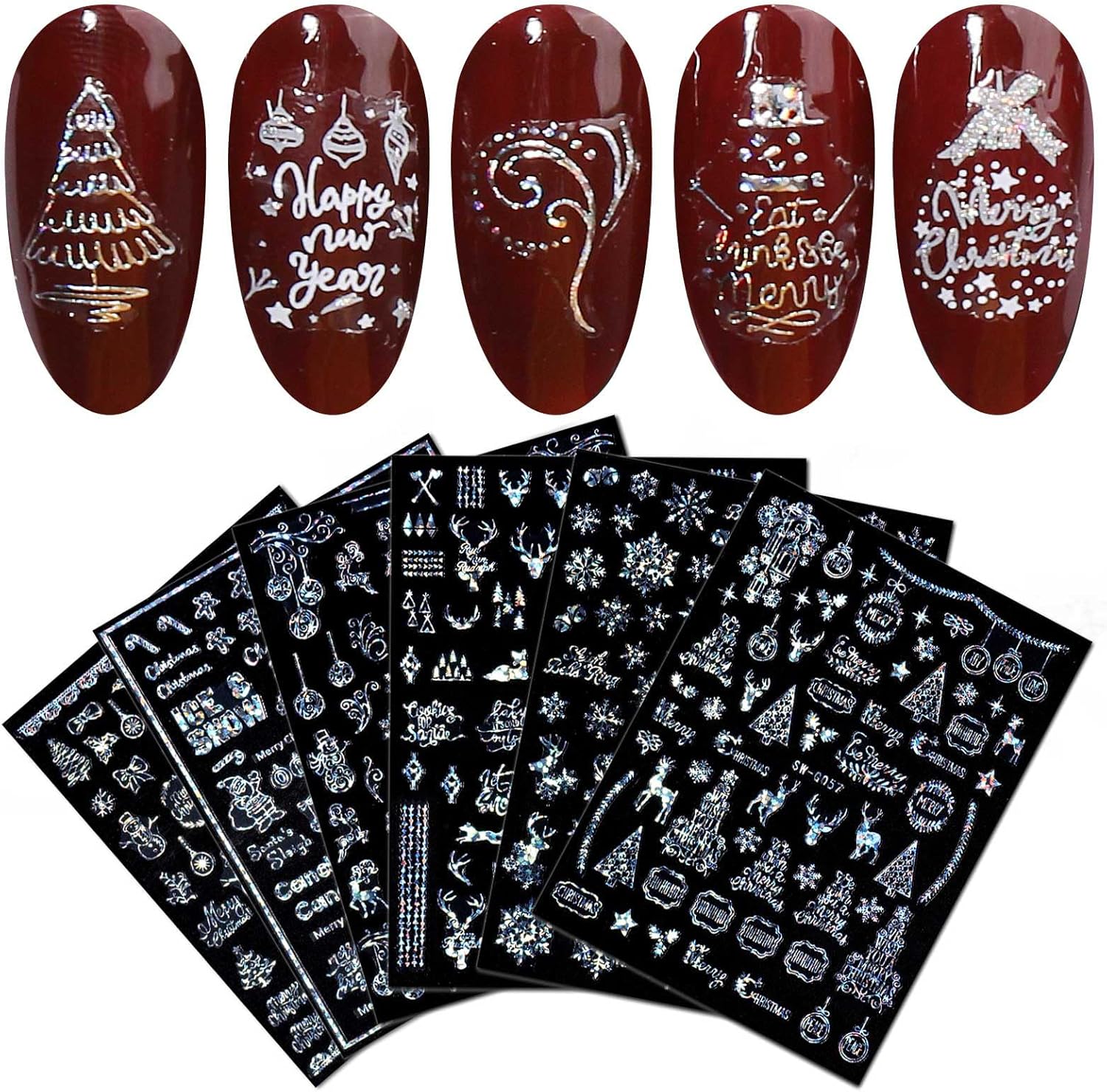 9 Sheets Merry Christmas Nail Art Stickers Decals Self-Adhesive Holiday Snowflakes Laser Silver Snowman Bell Nail Supplies Nail Art Design Decoration Accessories-Velvo Beauty