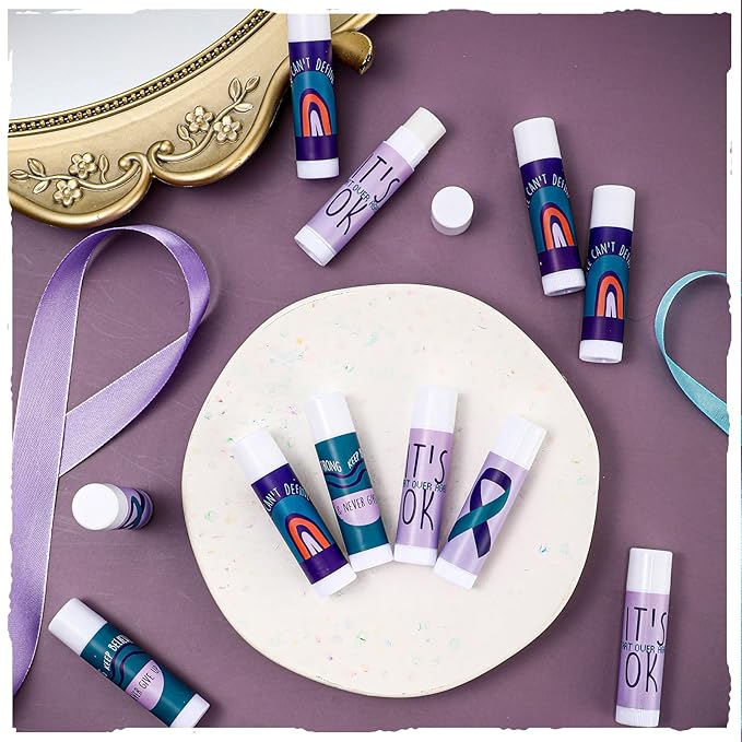 Fumete 50 Pcs Suicide Prevention Awareness Lip Balm Bulks Purple Teal Ribbon Lip Balm Mental Health Care Gift for Suicide Prevention Awareness Inspirational Favor Charity Campaign Supplies-Velvo Beauty