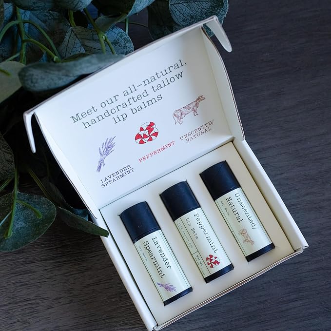 Handmade Tallow Lip Balm Collection: Unscented/Peppermint/Lavender-Spearmint (3x .33 oz)-Velvo Beauty