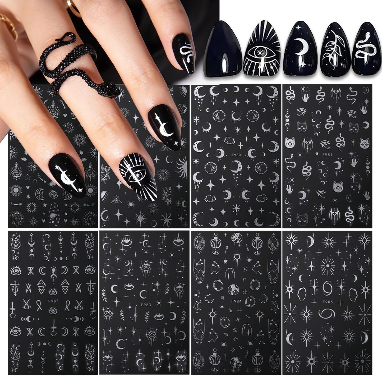 8 Sheets Metallic Nail Art Stickers Decals Silver Moon Star Sun Nail Stickers Eye Snake Nail Decals 3D Self-Adhesive Luxury Nail Art Design Stickers for Women Girls DIY Manicure Decoration Accessories-Velvo Beauty