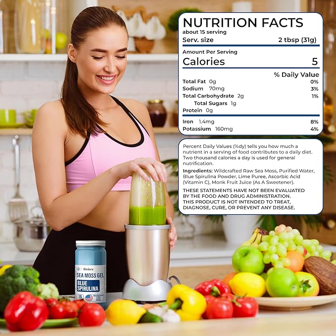 Biolore Sea Moss Gel - Blue Spirulina 16oz, Wildcrafted Irish Seamoss with Essential Vitamins & Trace Minerals, Vegan Superfood Made in USA-Velvo Beauty