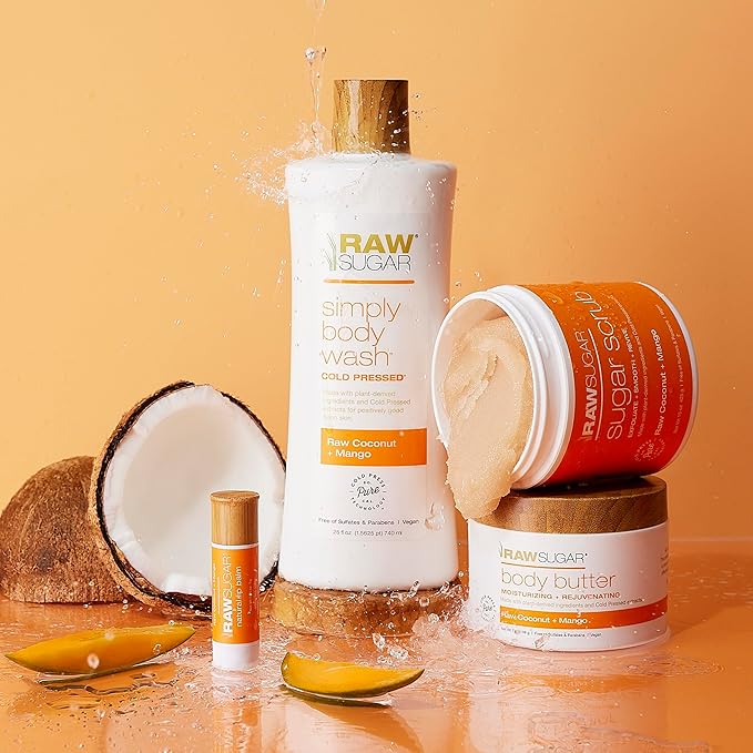 Raw Sugar Nourishing Raw Coconut + Mango Body Love Bundle - Body Wash, Body Scrub, Body Butter & Lip Balm, Clean, Made with Plant-Derived Ingredients, Formulated without Sulfates and Parabens-Velvo Beauty