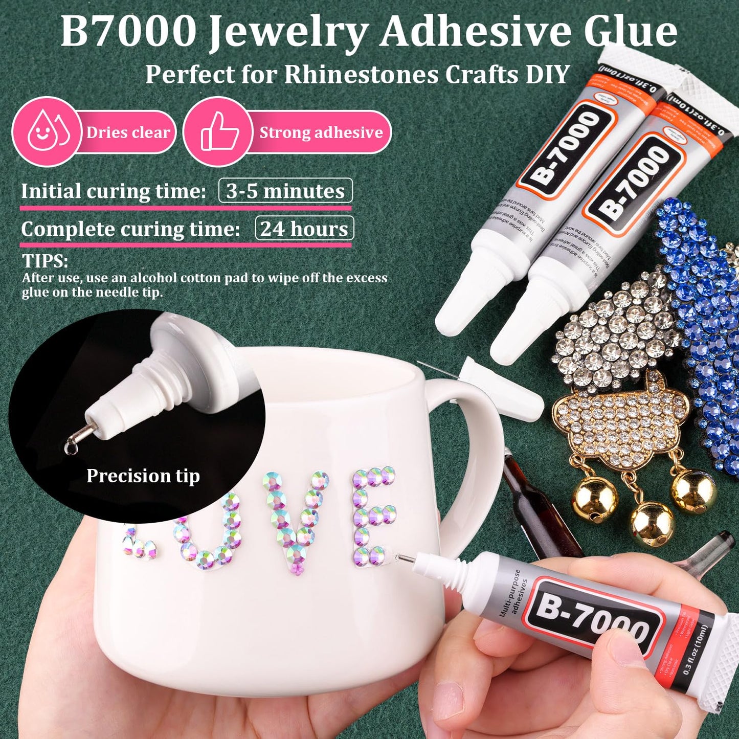 Resin Rhinestones for Crafting with B7000 Jewelry Glue, 1 Box AB Flatback Crystals with 3Pcs 10ml Glue for Bedazzling Crafts DIY Nail Art Makeup，Non Hotfix Gems for Clothing Shoes-Velvo Beauty