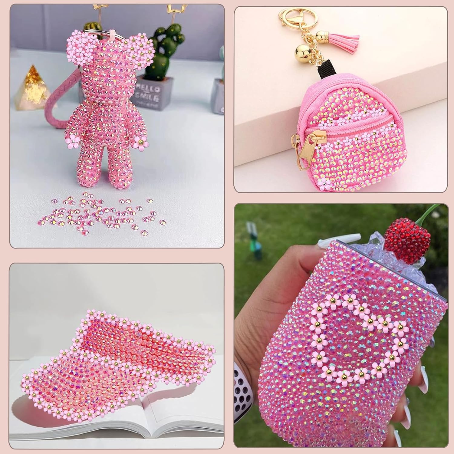 Flatback Nail Art Rhinestones Flower Nail Charms with AB Rhinestones Glue Gel Pink Nail Supplies Accessories Gems Resin Rhinestones for Bedazzling Crafting & Women Nails Design Decor-Velvo Beauty