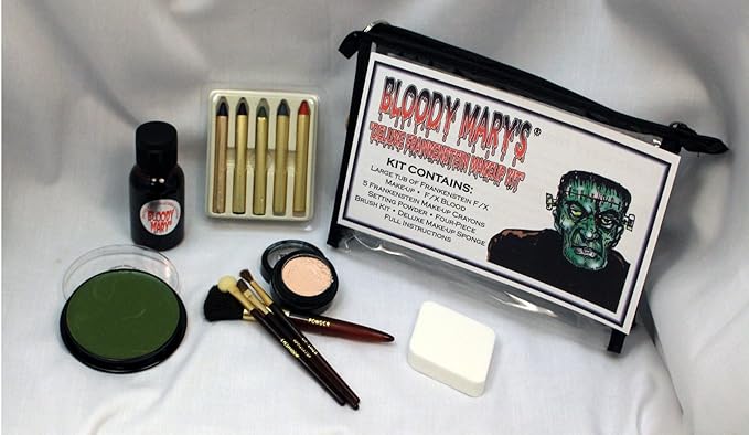 Frankenstein Monster Makeup Kit By Bloody Mary - Special Effects Halloween Costume Decoration - Professional Foundation Makeup, FX Blood, 5 Crayons, Setting Powder, 4 Brushes, Sponge & Zippered Case-Velvo Beauty