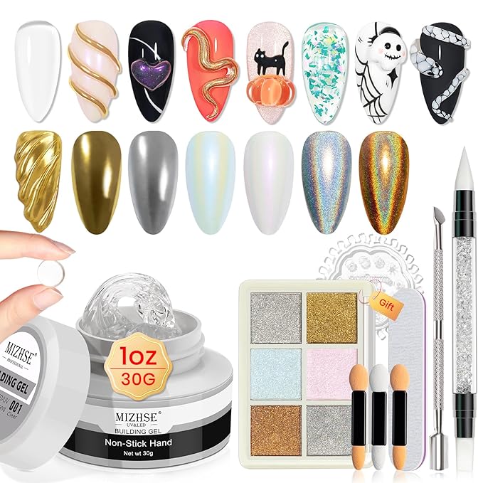 MIZHSE Solid Builder Gel - 1 oz Clear Non Stick Hand Hard Gel with 6 Colors Chrome Nail Powder and Nail Form Extension Kit for Salon and Home DIY-Velvo Beauty