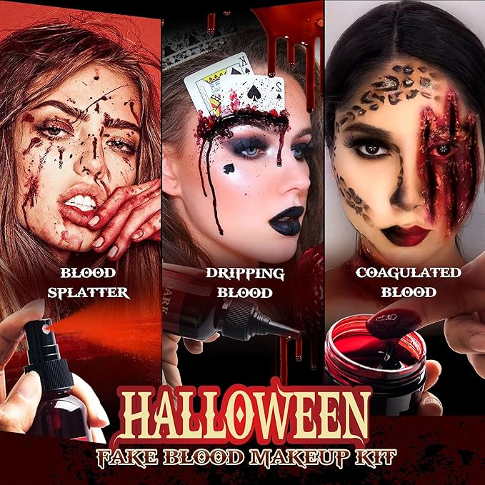 3Pcs Halloween Fake Blood Makeup Kit Realistic SFX Makeup Set - Blood Spray 2.03oz + Coagulated Blood 1.06oz + Dripping Blood 2.03oz, Edible Washable Special Effects Faux Blood for Zombie Vampire-Velvo Beauty