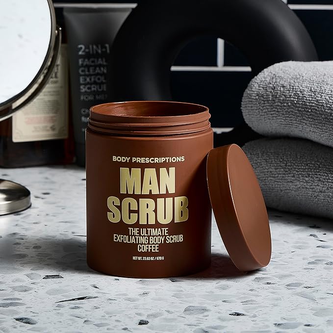 Body Prescriptions Men’s Exfoliating Body Scrub – Ultimate Skin Cleansing Wash in Jar with Twist-Top Lid, For All Skin Types, 21 Ounce (Pack of 2), Coffee-Velvo Beauty