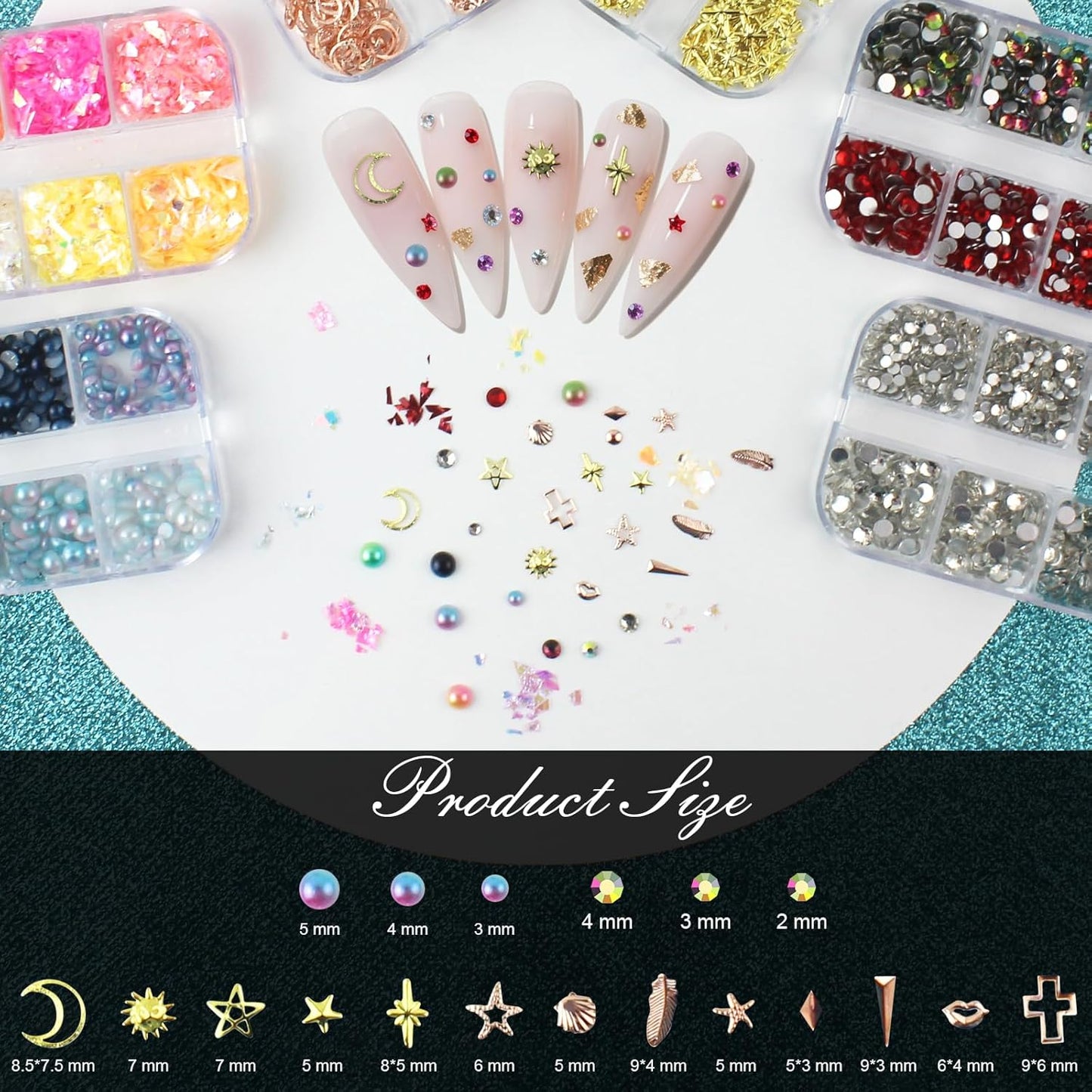 Artdone Nail Art Studs Kit, 6 boxes Multicolor And Design 3D Charms With 15 Sheets Gold Nail Stickers, Diamond Cute Nail Jewels For DIY Decoration with Pickup Tools-Velvo Beauty