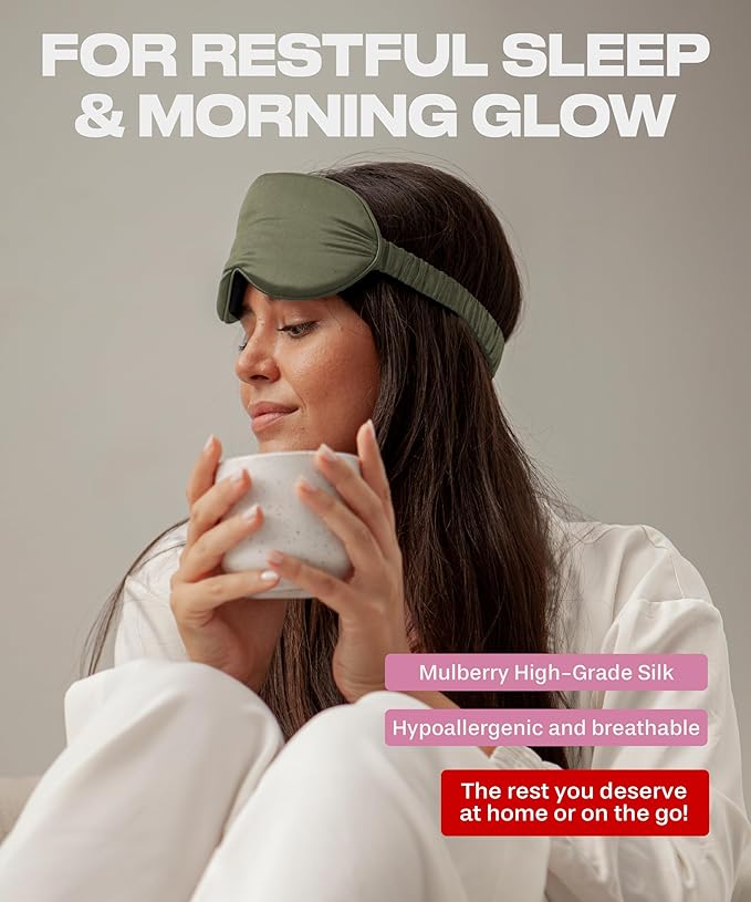 SUNDAYSILKS™ Exclusive Mulberry Silk Sleep Mask | Soft Eye Covers, Blackout Sleeping Mask for Women & Men | Silk Eye Mask for Sleep, Travel, and Relaxation | Antifaz para Dormir [Olive]-Velvo Beauty