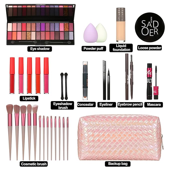 All in One Makeup Kit Makeup Kit for Women Full Kit Multipurpose Makeup Kit-Makeup Brush Set,Eyeshadow Palette,Lip Gloss Set, Makeup Bag,Eyebrow Pencil,Eyeliner pencil,Mascara,Contour Bar,Liquid foundation,concealer and Face Makeup-Velvo Beauty