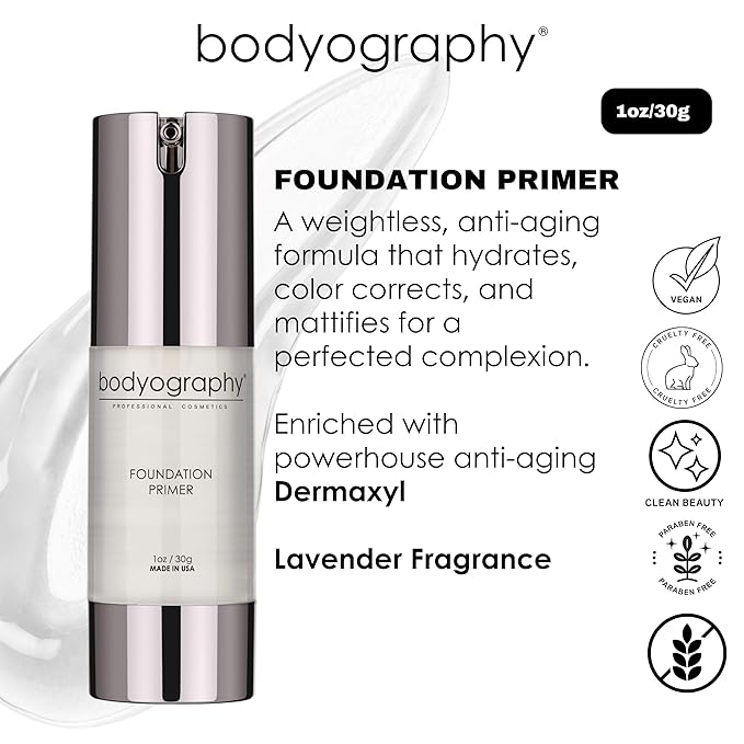 BODYOGRAPHY - Foundation Primer (Clear): Flawless Anti-Aging Salon Makeup Primer w/Vitamin E, A, Jojoba, Grapeseed Oil | Control Shine | Gluten-Free, Cruelty-Free, 1 oz.-Velvo Beauty