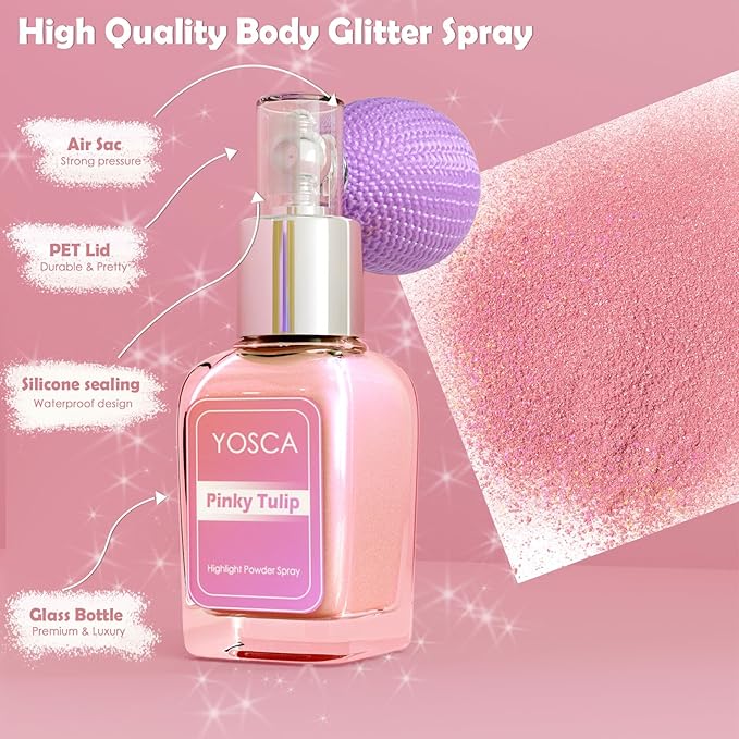 Yosca Highlighter Powder Spray, 20ML Cosmetic Grade Shimmer Powder Pink Glitter Spray Sparkle Highlighter Makeup Festival Concert Accessorise for Rave Clothes Hair Face Nail Art - Pinky Tulip-Velvo Beauty