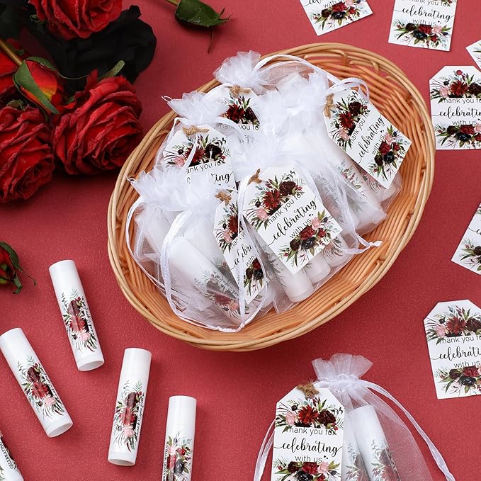 Dunzy 50 Pack Bridal Shower Favors Gifts Bulk Burgundy Floral Lip Balms Party Supplies Wedding Party Favors Bachelorette Prizes Souvenirs Thank You Appreciation Gifts for Guests Women Coworker Staff-Velvo Beauty