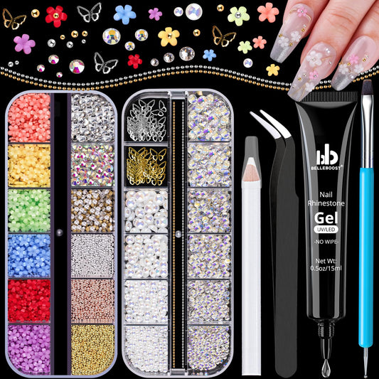 3D Nail Charms, Manicure Kit with Nail Rhinestone Glue Gel (UV Curing), Butterfly Colorful Flower Starry AB Gems Caviar Beads Half Round Pearl & Flatback Glass AB + Clear Gems with Dotting Tools-Velvo Beauty