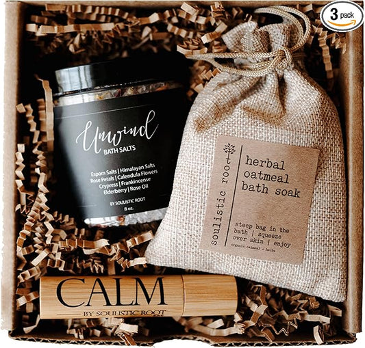 Relaxing Bath Gift Set, Luxury Spa Gifts for Women, Self Care Products for Women and Men, Calm Essential Oil Roller, Oatmeal Lavender Bath Soak & Epsom Salts with Essential Oils-Velvo Beauty