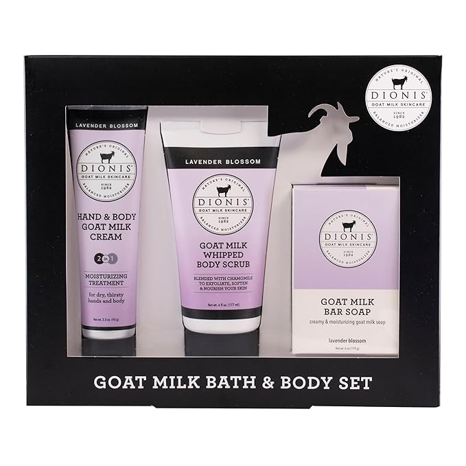 Dionis Goat Milk Skincare Lavender Blossom 3 Piece Self Care Essentials Gift Set - Bar Soap, Hand & Body Cream & Whipped Chamomile Sugar Body Scrub In Recyclable Box - Exfoliate & Moisturize Dry Skin-Velvo Beauty