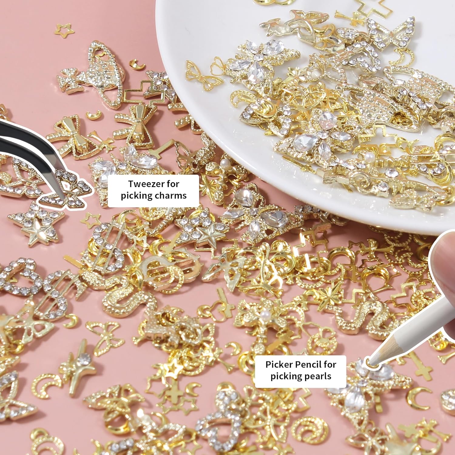 Artdone Nail Art Studs Kit, 3D Gold Cross Nail Charms and Diamond Butterfly Gems Bulk Nail Jewels Shiny Star and Moon for DIY Professional Manicures Decoration-Velvo Beauty