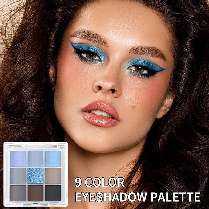 Erinde 9 Colors Eyeshadow Palette, Matte Shimmer Glitter Eye Shadow Palette Makeup, Highly Pigmented Long Lasting Waterproof, Natural Neutral Nude Eyeshadow Make Up Pallet, Blue-Velvo Beauty