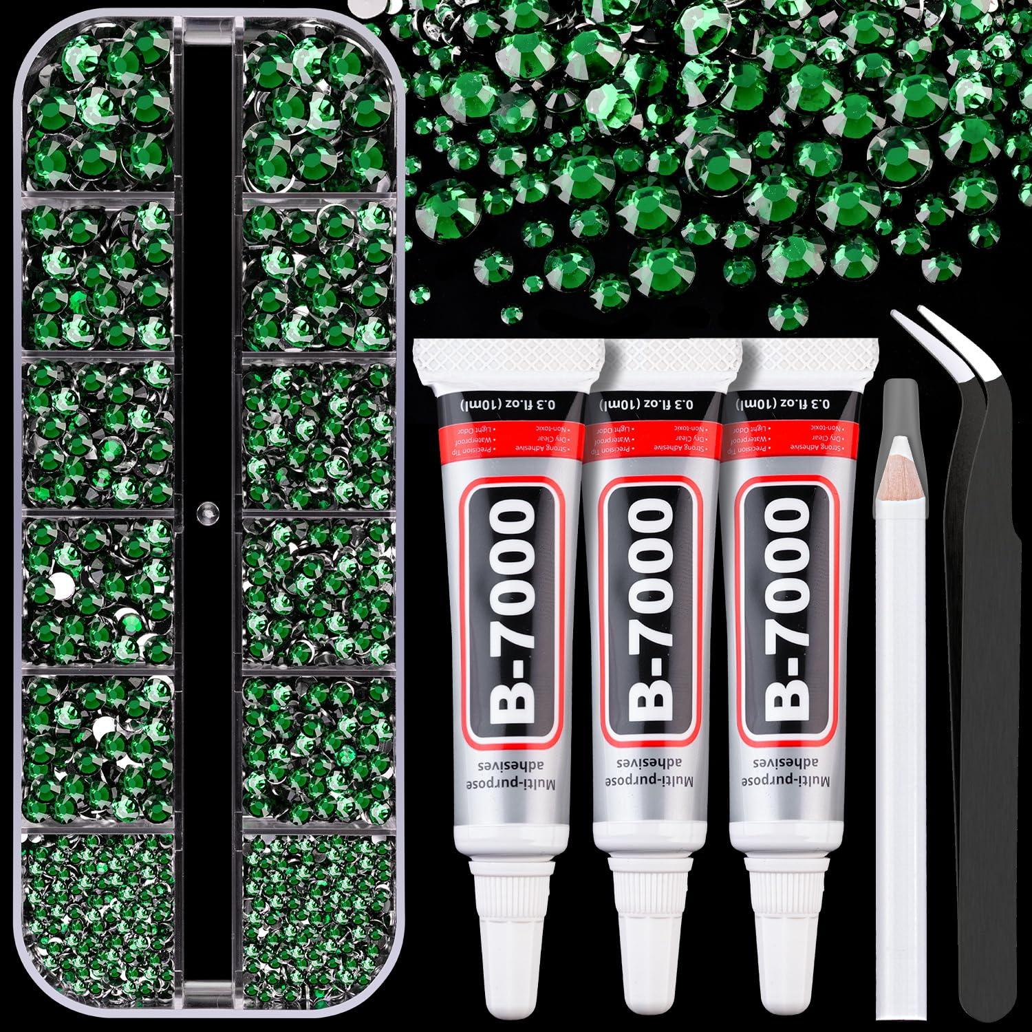 Resin Rhinestones for Crafting with B7000 Jewelry Glue, 1 Box Dark Green Flatback Crystals with 3Pcs 10ml Glue for Bedazzling Crafts DIY Nail Art Makeup，Non Hotfix Gems for Clothing Shoes-Velvo Beauty