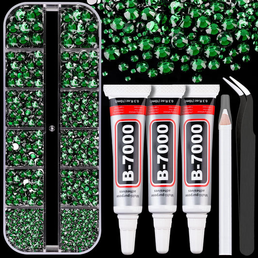 Resin Rhinestones for Crafting with B7000 Jewelry Glue, 1 Box Dark Green Flatback Crystals with 3Pcs 10ml Glue for Bedazzling Crafts DIY Nail Art Makeup，Non Hotfix Gems for Clothing Shoes-Velvo Beauty