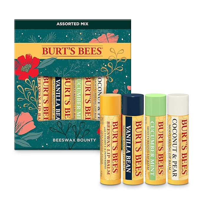 Burt’s Bees Holiday Gift, 4 Lip Balm Stocking Stuffer Products, Beeswax Bounty Assorted Set - Original Beeswax, Vanilla Bean, Cucumber Mint & Coconut Pear (Old Verison)-Velvo Beauty