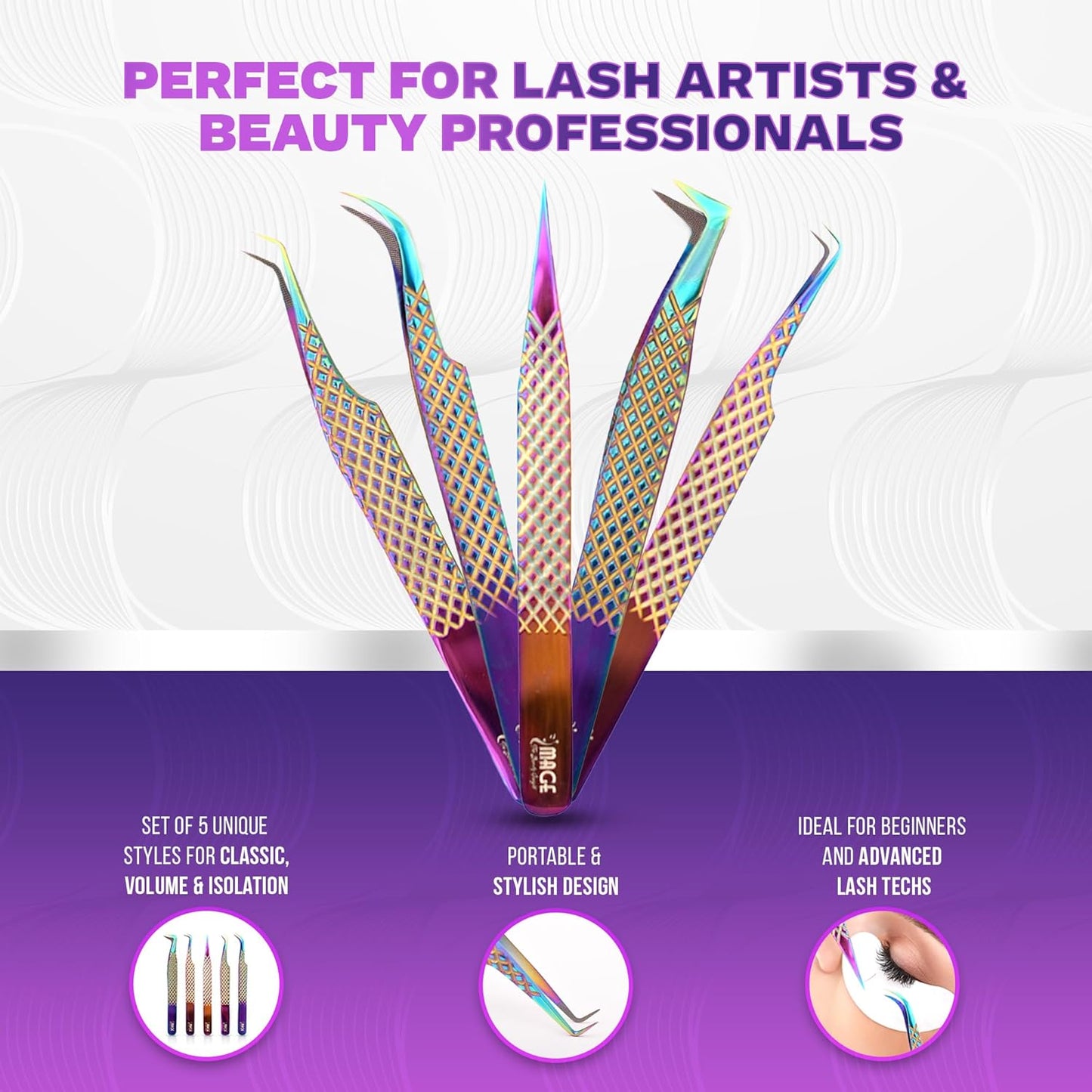 5 Pcs Fiber-Tip Japanese Steel Lash Tweezer Set with Leather Case, Professional Eyelash Tweezers for Lash Extensions – Titanium Coated, 90 & 45 Angled, Precision Pointed Tweezers (Rainbow Color)-Velvo Beauty